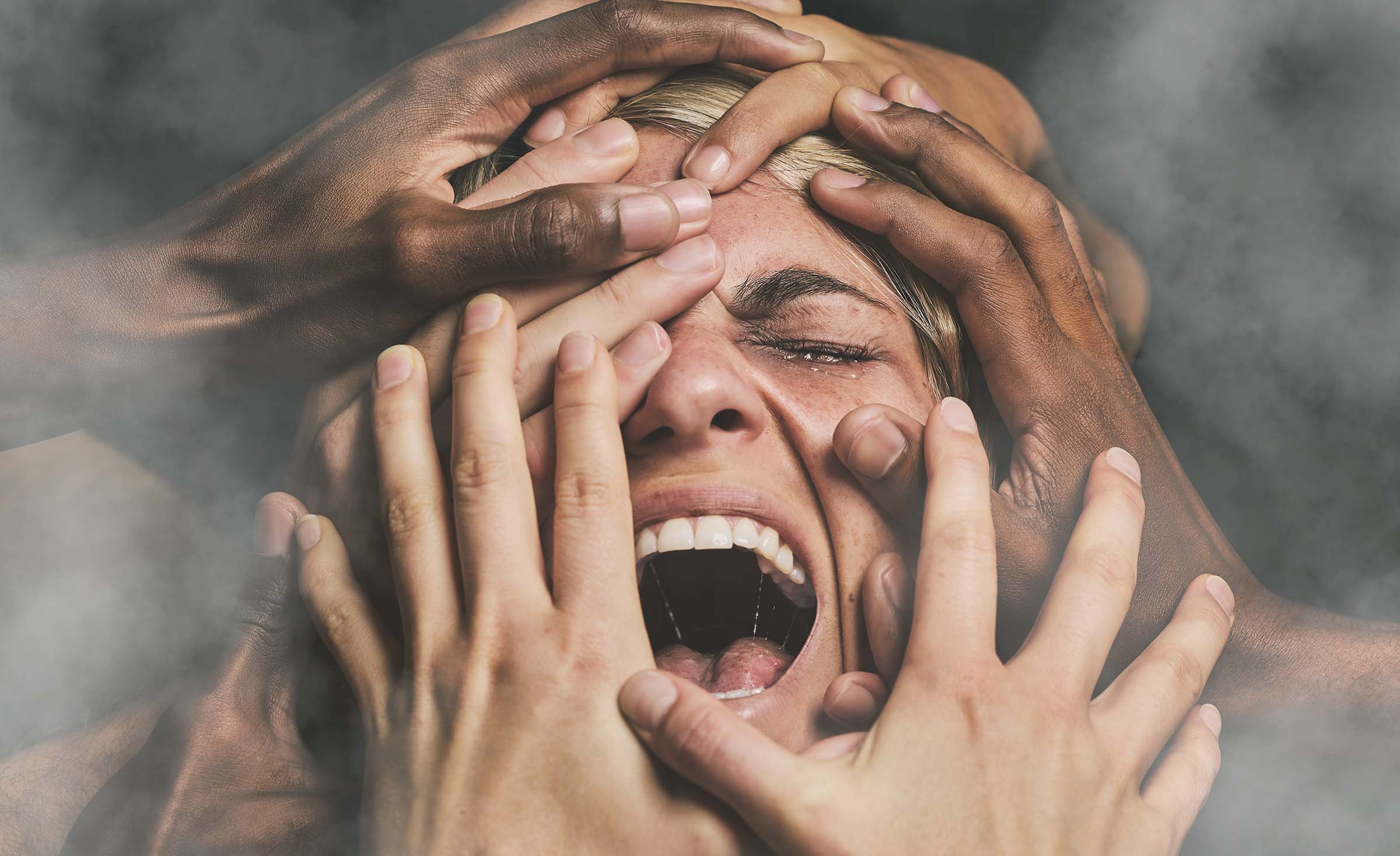 Hands face and woman abuse victim with fear ment 2023 11 27 05 27 24 utc